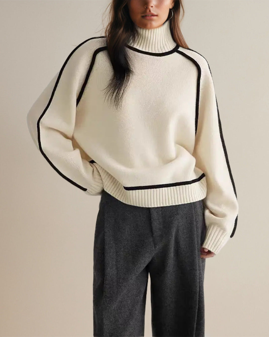 Bella - Loose Fit Turtleneck Striped Sweater